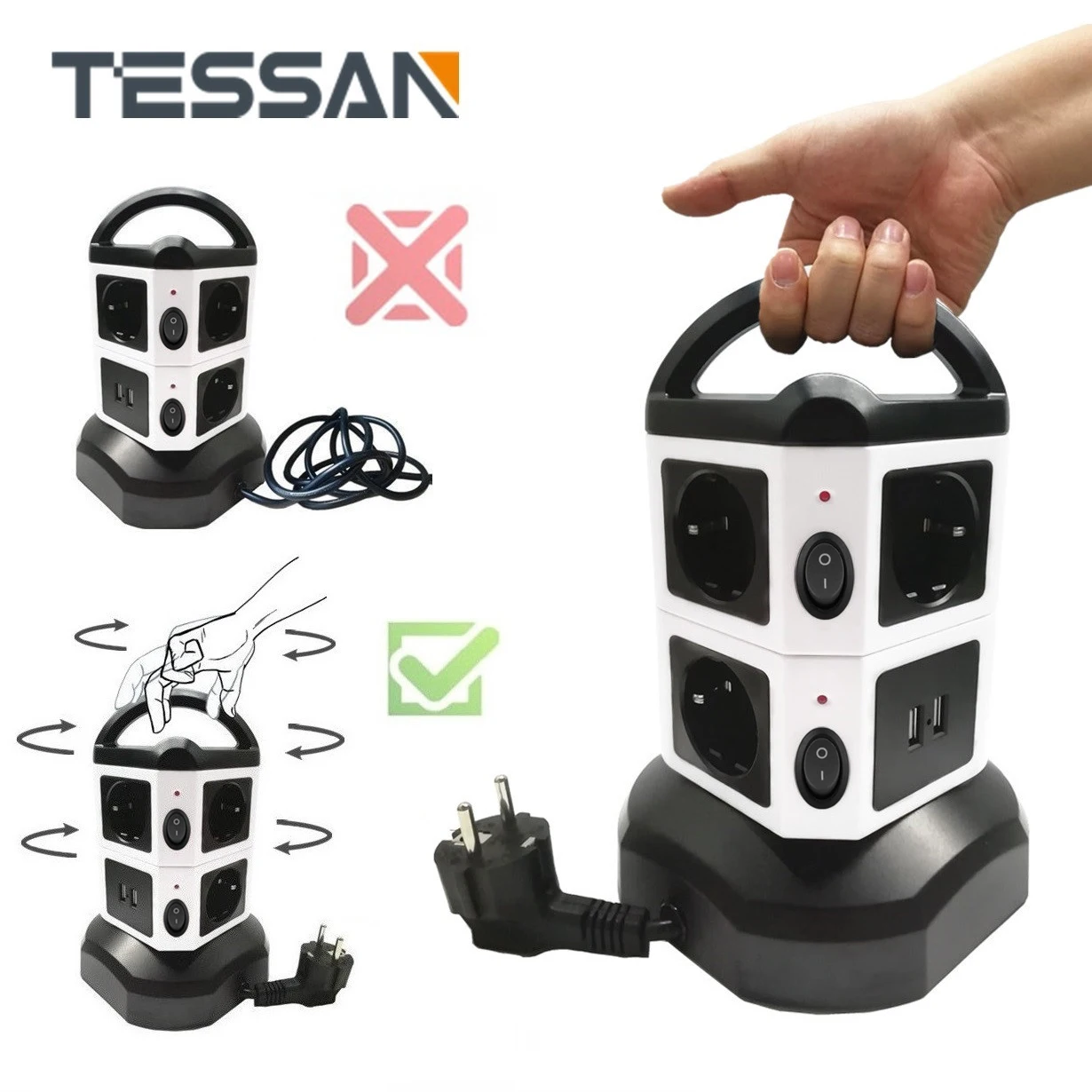 Tessan Eu Presa A Torre Verticale Multipresa Ciabatta Con 6/10/14 Prese 4 Interruttori Indipendenti Usb Cavo 2M Per La Casa