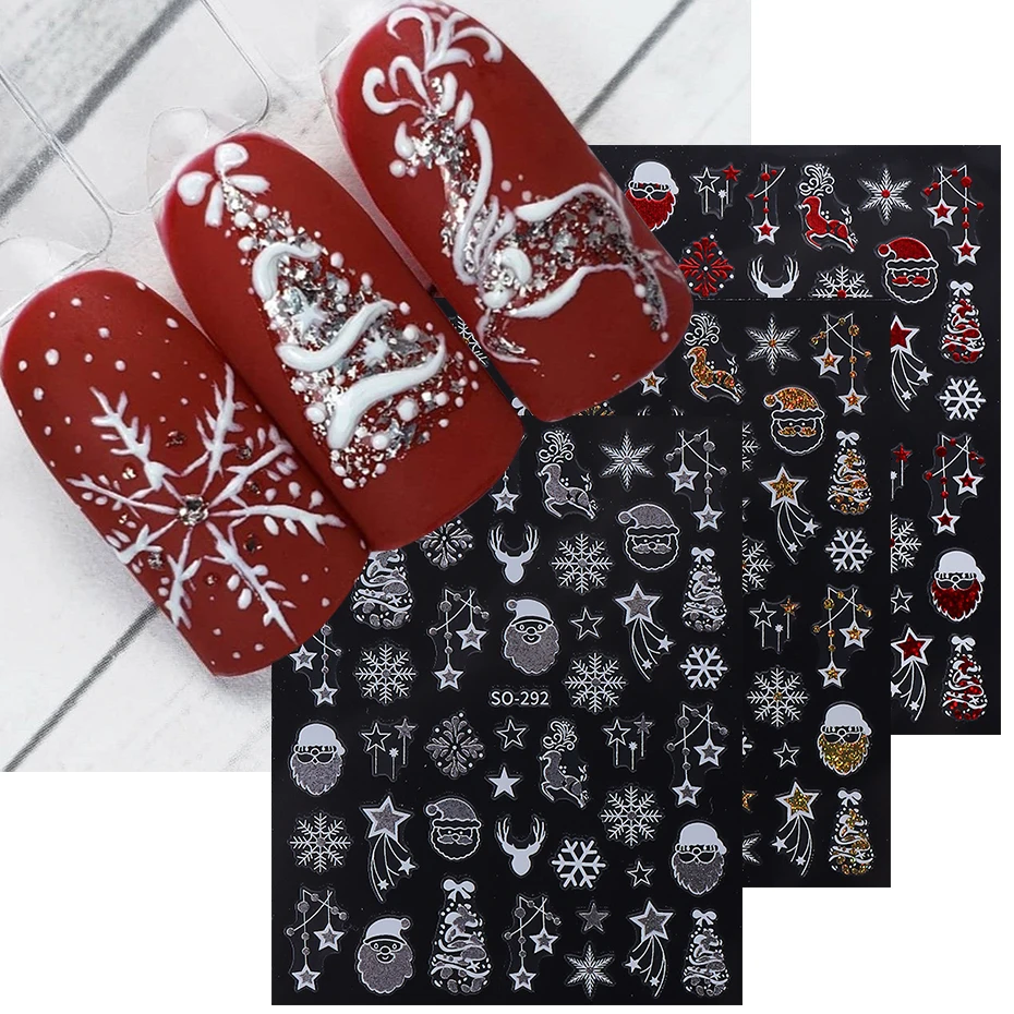 3pcs Glitter Christmas Santa Claus 3D Nail Stickers Xmas Tree Elk Snowflake Ball Bow Adhesive Decals DIY Winter Manicure Decor