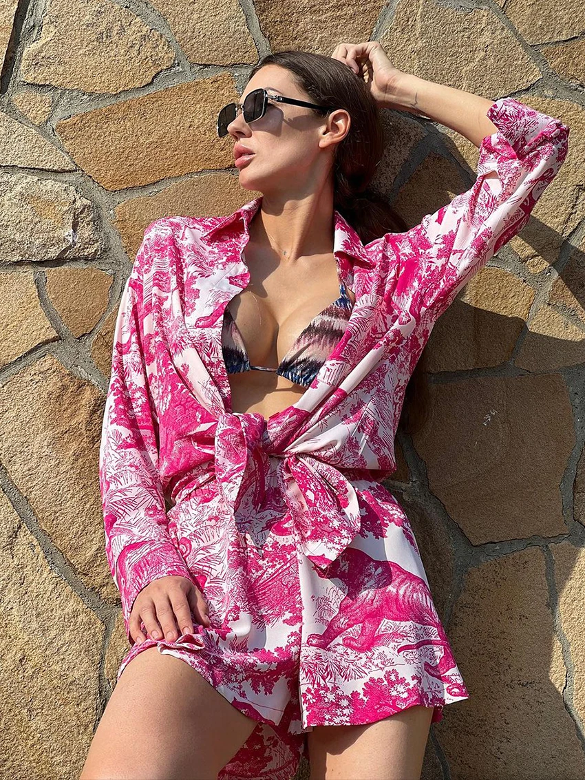 

Marthaqiqi Causal Ladies Sleepwear Set Turn-Down Collar Nightwear Long Sleeve Pyjamas Shorts Printing Female Pajama 2 Piece Suit