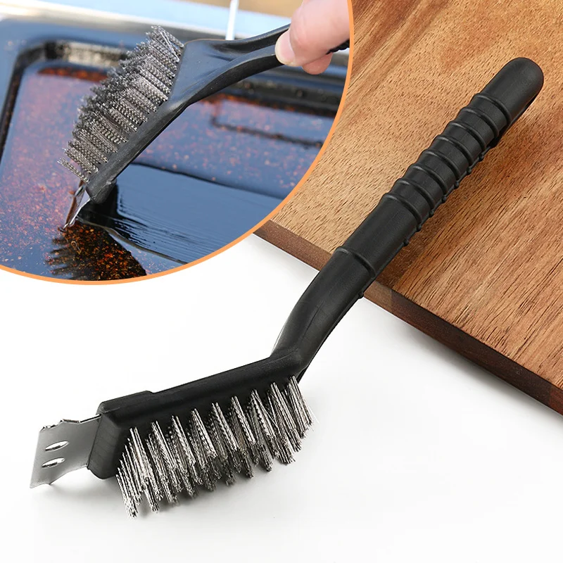 Stainless Steel Barbecue Brush Grill Cleaning Wire Brush with Scraper BBQ Cleaner Accessories For Outdoor Camping