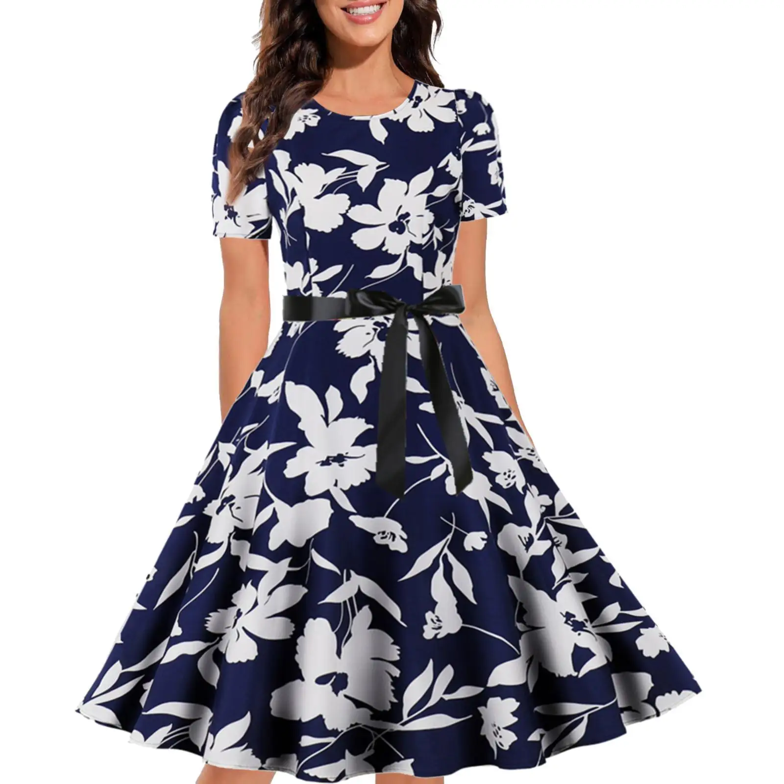 

2023 summer party dress short-sleeved round neck knee-length multicolor polka dot flower print casual women's dress
