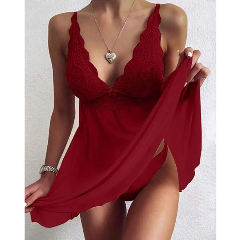 Sexy Women Lace Lingerie Set Sleepwear Dress V Neck Nightgown and Panties Set Fashion Chemise Night Dress Red  Plus Size