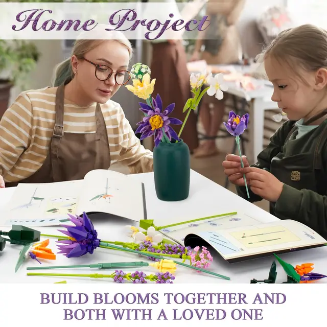 Bouquet of Blue Lotus Building Sets - 891 Piecse Artificial Flowers Kit for Adults, Home Decor, Mother's Day, Valentine's Day 5