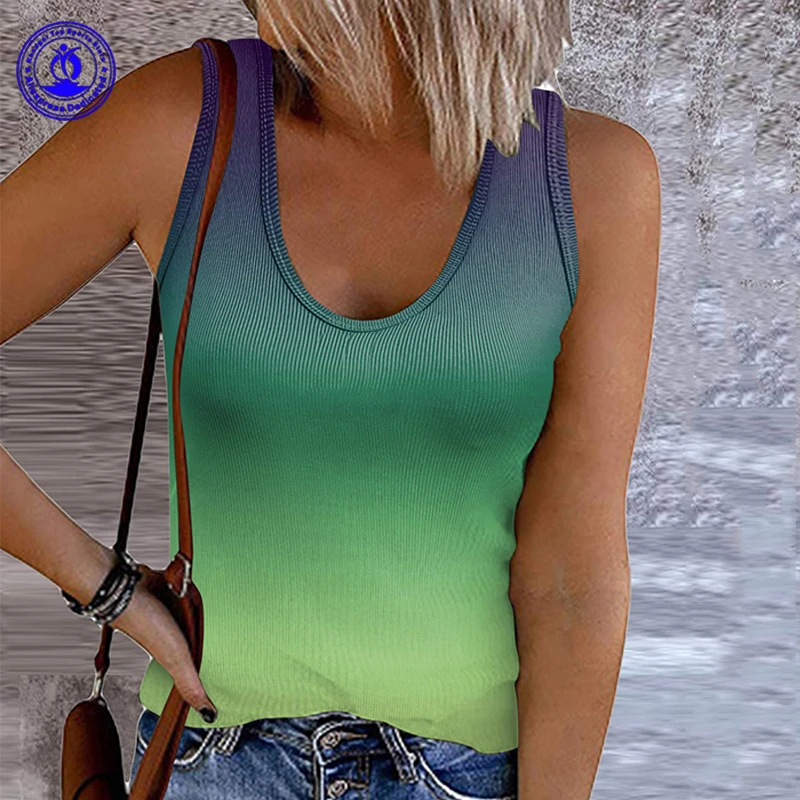 Summer New Gradient Color Deep U Neck Sleeveless Shirts Women Sexy Knitted Crop Tops Multicolor Cropped Vest Casual Tank Top