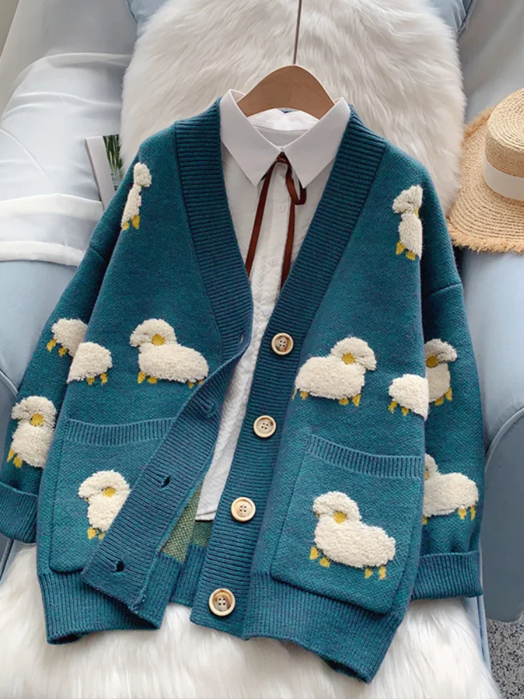Sheep Pattern Crochet Chunky Knit Cardigan Cute Cartoon Sweater