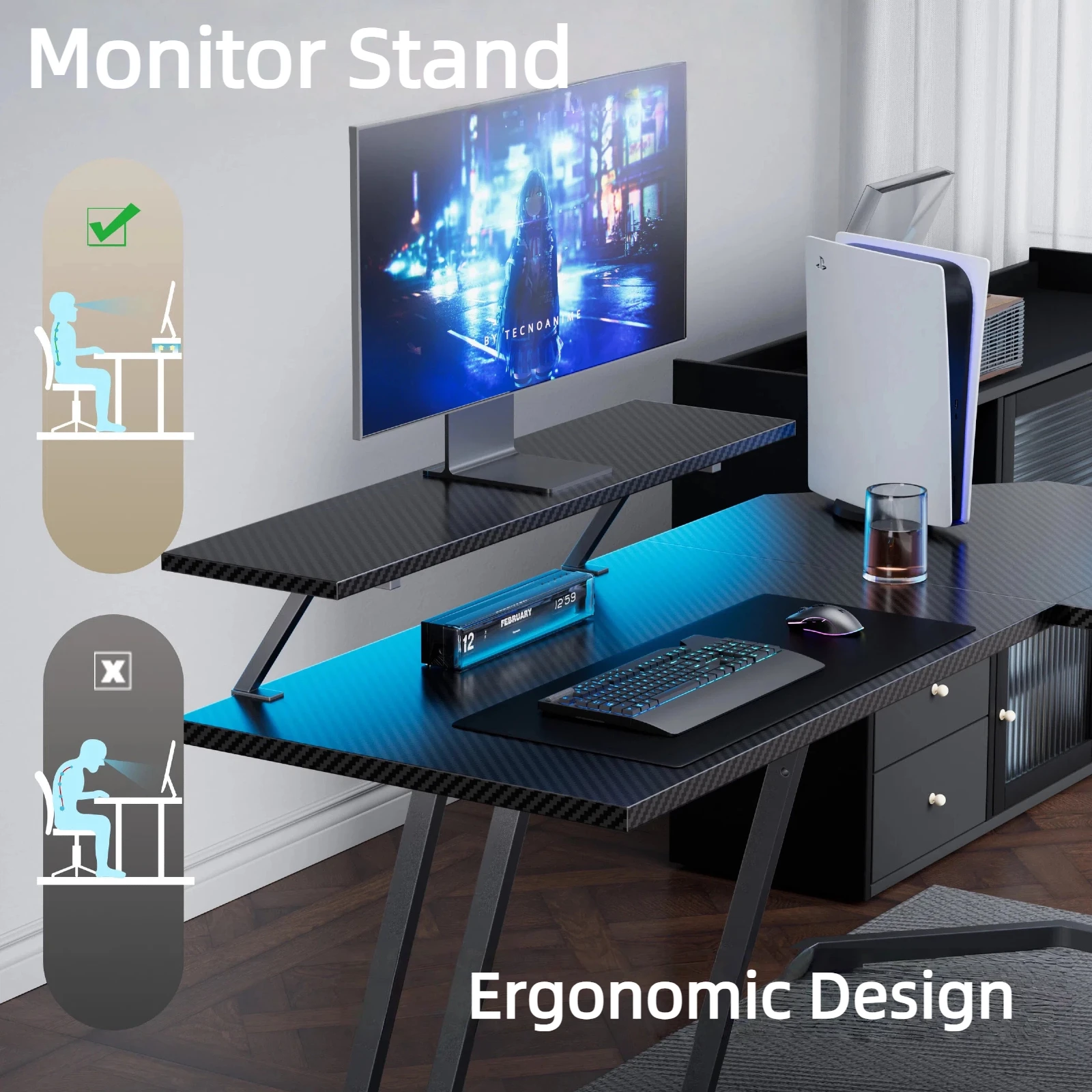 L-Shaped LED Gaming Desk with Monitor Stand 3