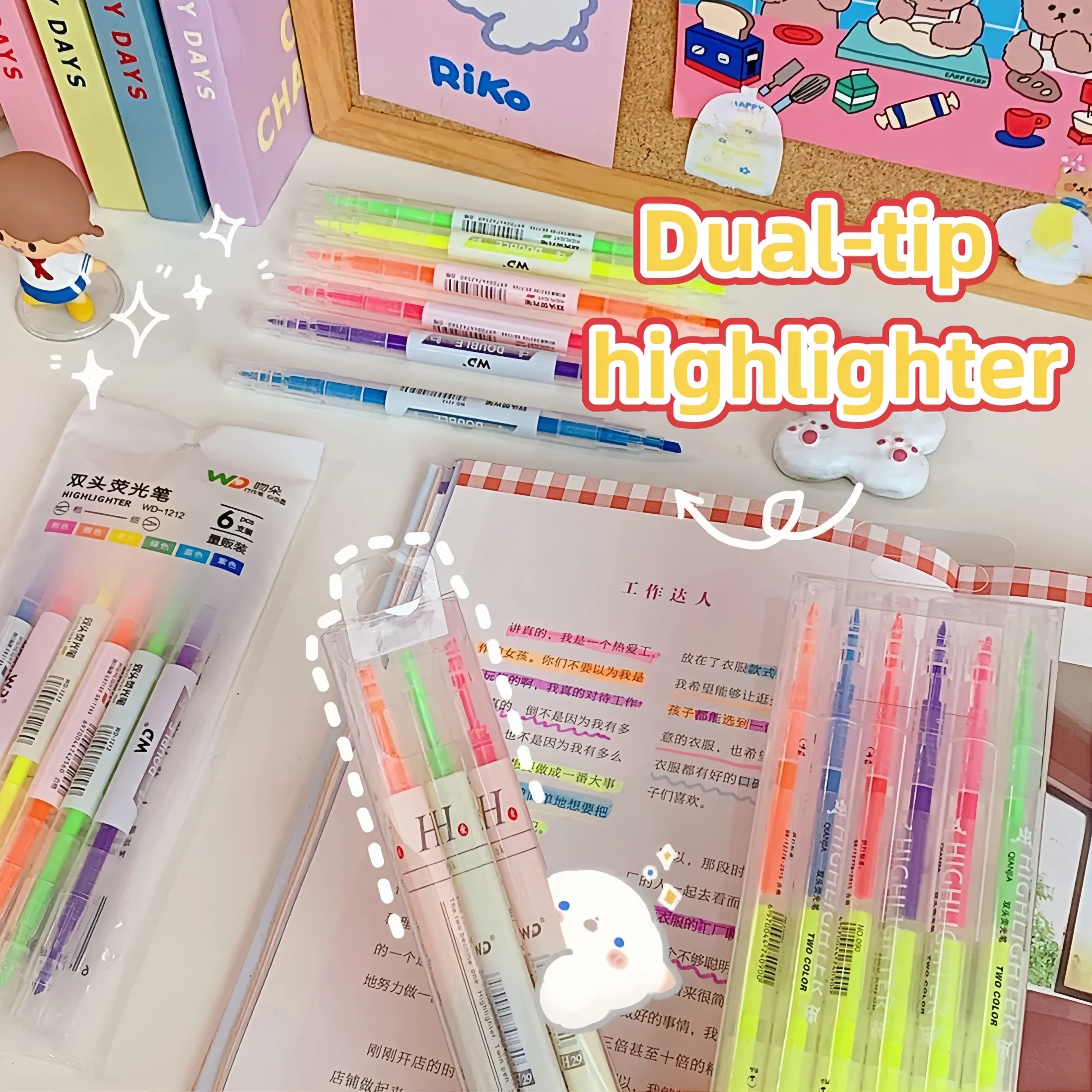 6-Color Set of Double-Ended Highlighters, Student Highlighter Pens for Marking Key Points, Stylish Journaling Pens, Stationery Gifts - 2