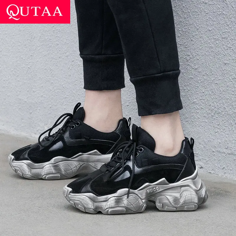 

QUTAA 2022 Women Sneakers Casual Real Leather Fashion Sports Shoes Spring Lady Woman Med Heel Lace Up Daily Footwear Size 35-42