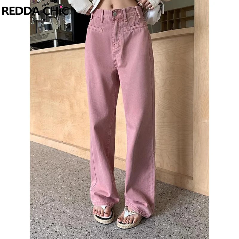 

ReddaChic Barbiegirl Pink Baggy Jeans Straight High Rise Trousers Basic Solid Wide Leg Vintage Y2k Pants for Women Streetwear