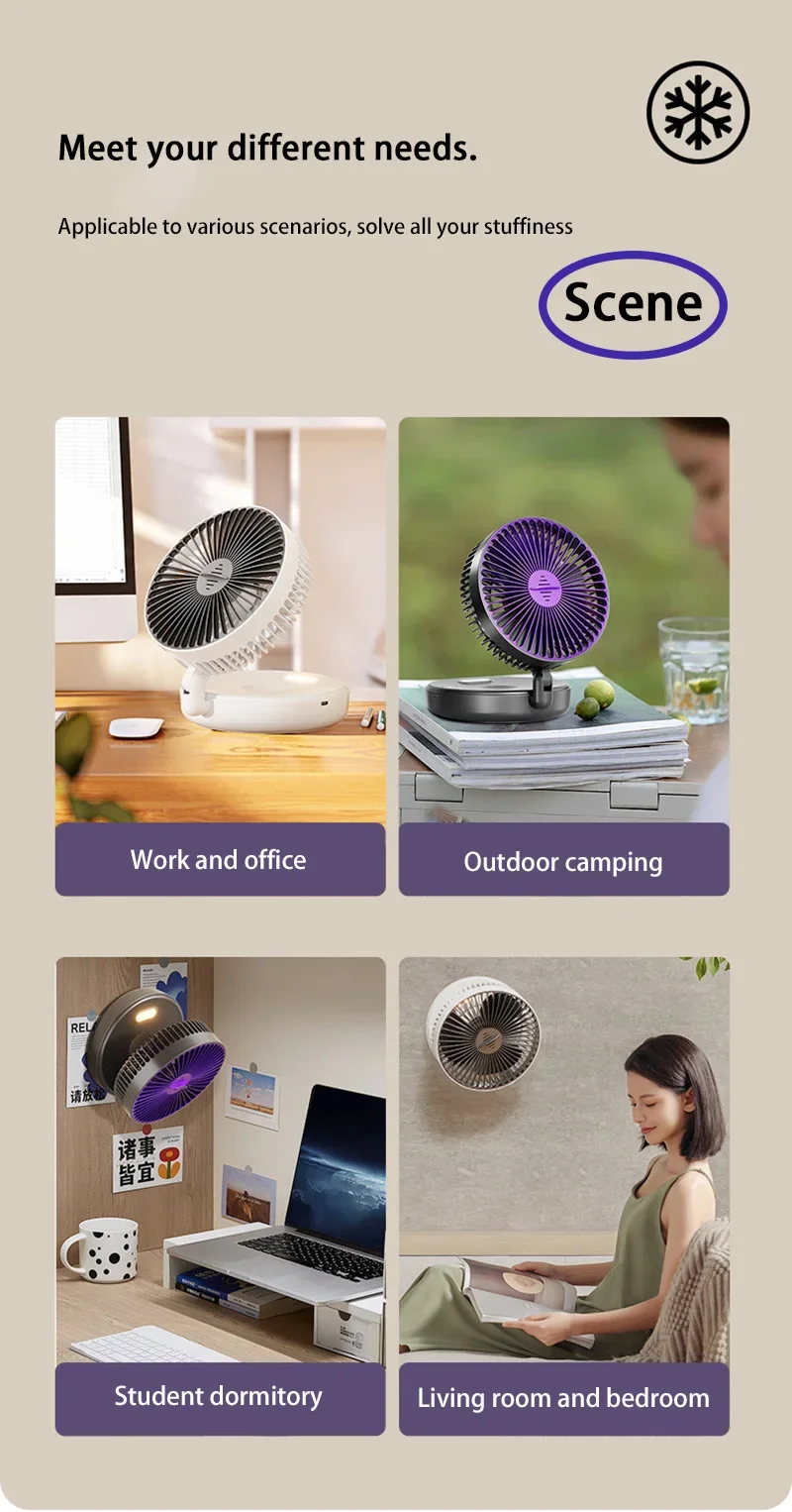 5000mAh 3IN1 Rechargeable Multifunctional Portable Fan Wall Mounted Fan 90° Folding Fan 4 Gears With Warm Night Light New 2025