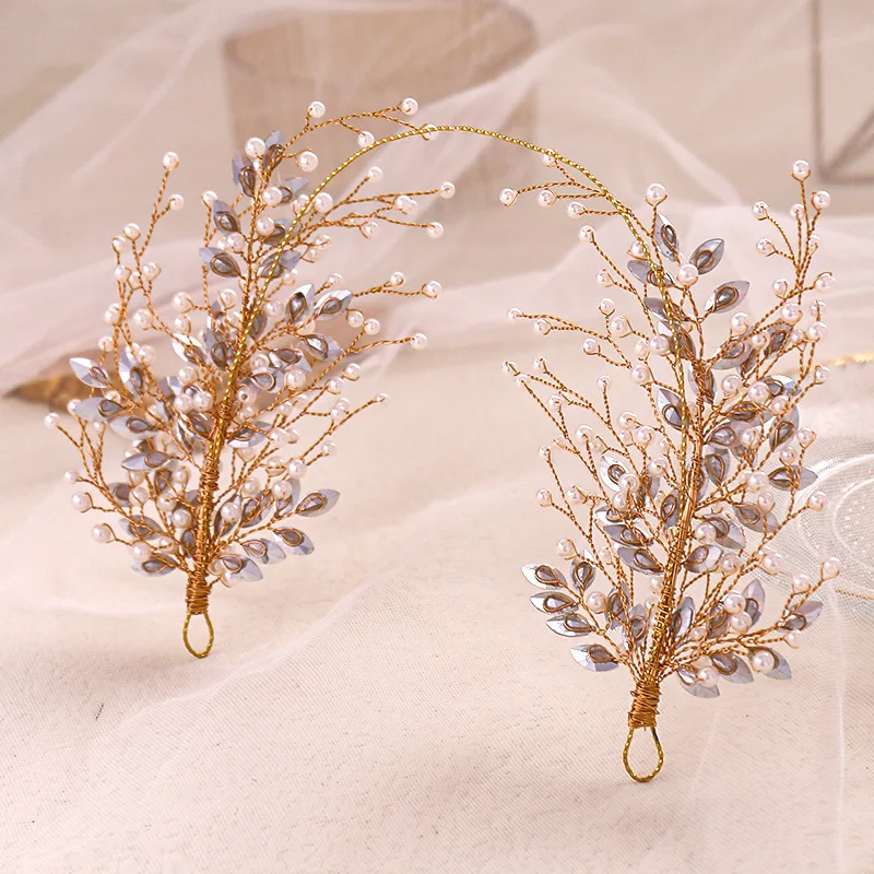 Hand Weave Pearl Headdress Copper Wire Rhinestone Bride Wedding Accessories Hair Band