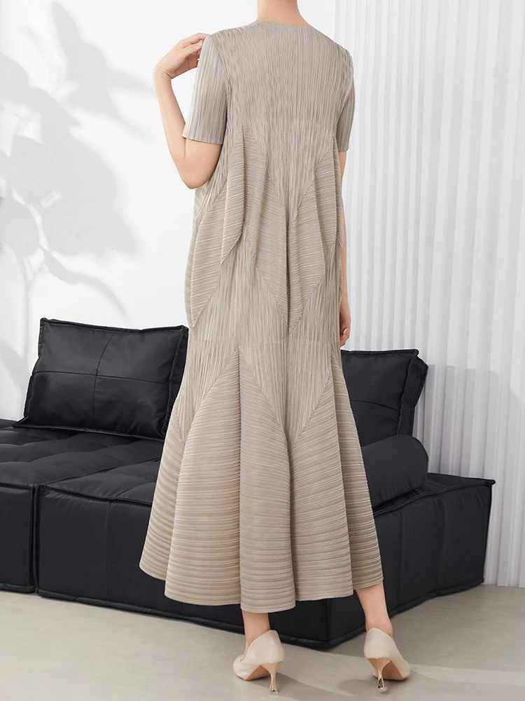 LANMREM Flower Bud Pleated Short Sleeved Dress For Women Summer Cloth 2025 New Loose Fit Round Collar Blue Dresses Chic 2DB3102 - Image 3