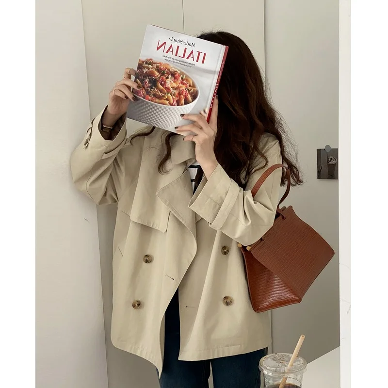 England Style Short Trench Fashion with Belt Women Lapel Double Breasted Blazers Spring Autumn Solid Colors Lapel Chic Thin Coat free belt buttonless solid colors slim commute blazer with pocket fashion 2022 spring new jacket casual office blazers women za