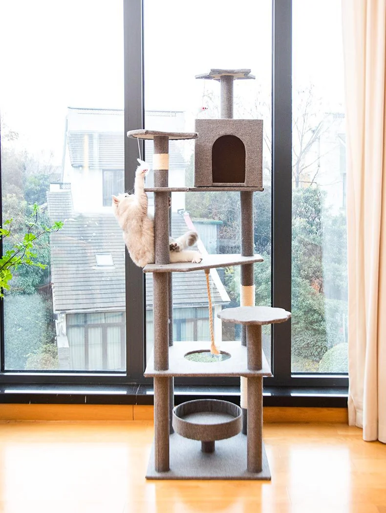Cat Tree Tower Three Layers With Sisal Scratching Post Pet Furniture 167cm 66 Inch Condo And Wood Platform MDF Plywood OEM/ODM