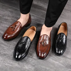New Men Dress Shoes Brown Black Loafers Tassels Handmade Business Solid  Round Toe Slip-On Shoes for Men with