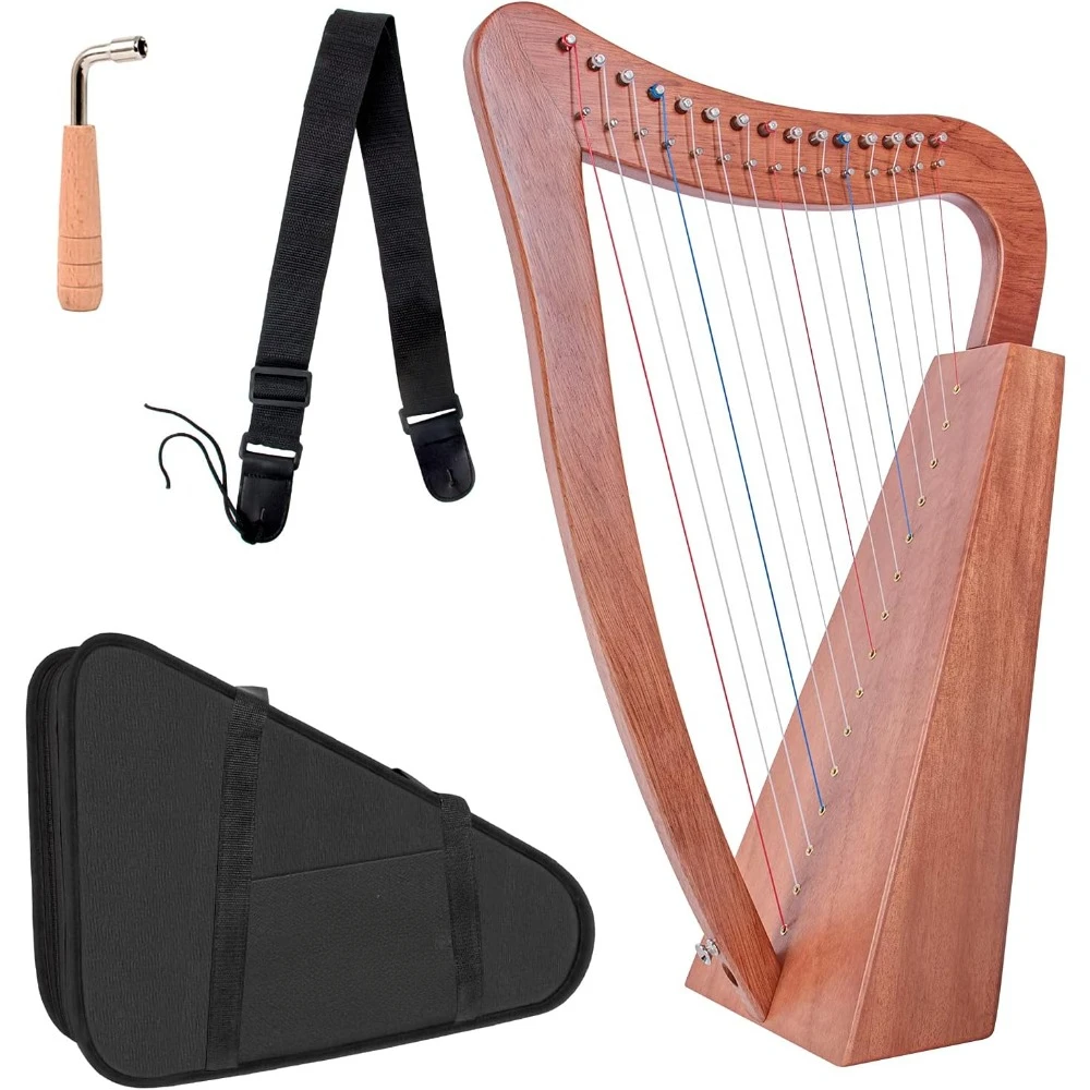 Harp 15 Strings Mahogany 22 Inch Height for Adult Professional Beginner with Tuning Wrench Black Gig Bag Strap