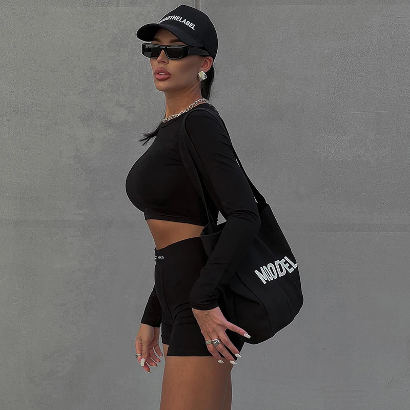InsLucky Sports Long Sleeve Crop Top Matching Letter Print High Waist Shorts Two Piece Set Casual Skinny Suit Women Sexy Fashion