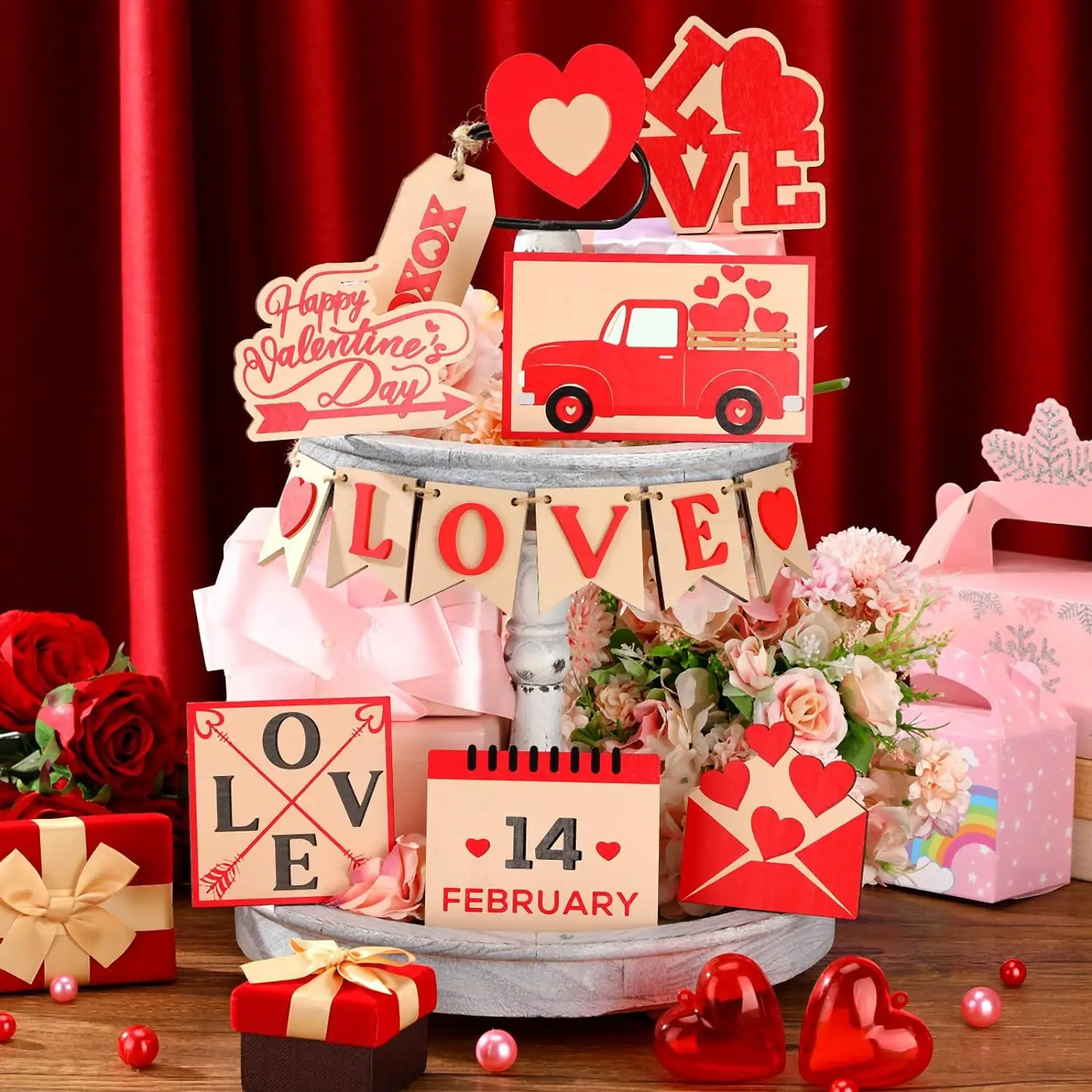 

Wooden Valentine's Day Layered Tray Decor Sets Love Mail 14th Feburary Craft Wedding DIY Props Happy Valentine's Day Decor Home