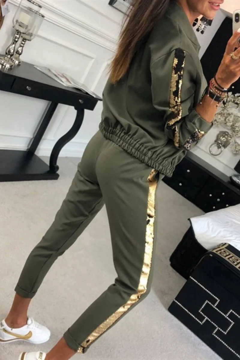 

2024 Spring Fashion Casual Sequin Spliced Coat, Pants, Sports Set for Women