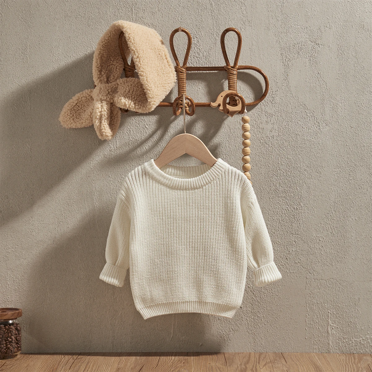EWODOS Baby Thick Sweater Solid Color O-neck White Tops Loose Fit Long Sleeve Knitted Pullover for Infant Autumn Winter Clothing 1