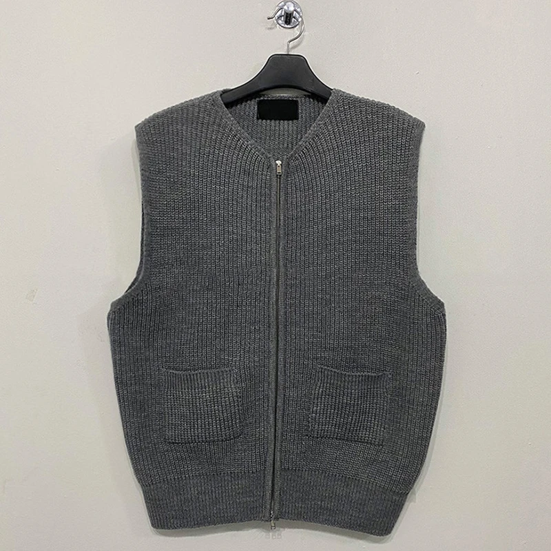 Men's Knitted Sleeveless Zipper Sweater Casual Luxury Clothing Waistcoat Tide Port Style Leisure Pullover Spring Retro Knitwear