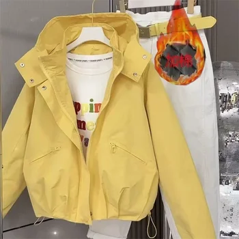 Spring Autumn Ladies Hooded Lined Jacket Korean Women Long Sleeves Zipper Loose Trench Outwear Female Fashion Casual Short Coat 1
