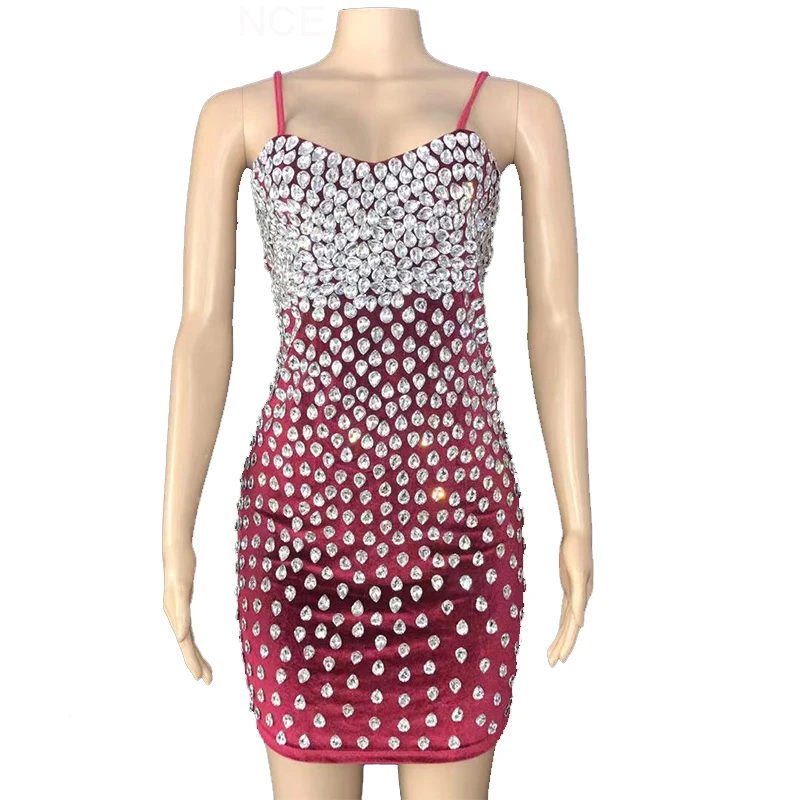 

Rhinestone Women Red Velvet Short Dress Birthday Prom Party Dancer Outfit