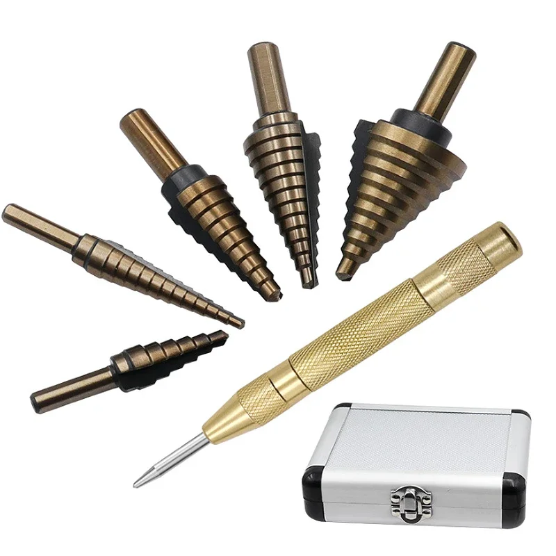 

6Pcs HSS Multiple Hole Cobalt Titanium Step Drill Bit Sets Conical Carbide Drill Perforator Hole Cutter Tool With Aluminum Case