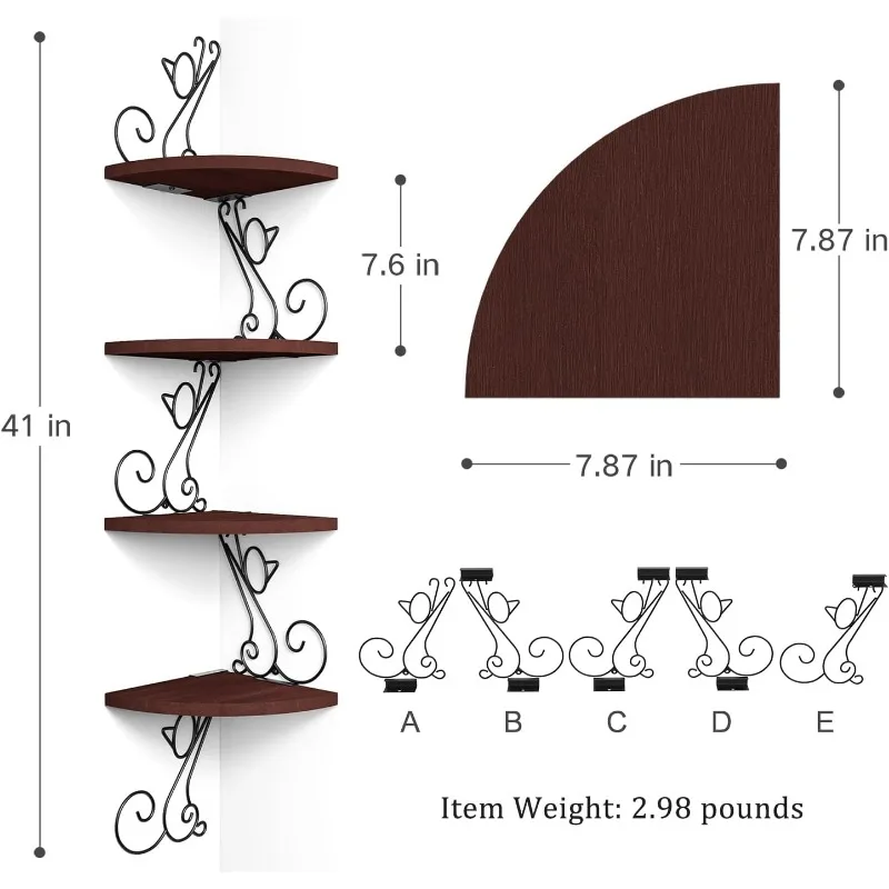 Corner Shelf Wall Mount, 4 Tier Floating Shelves for Wall, Easy-to-Assemble Wall Shelves Rustic Wood Decor 3