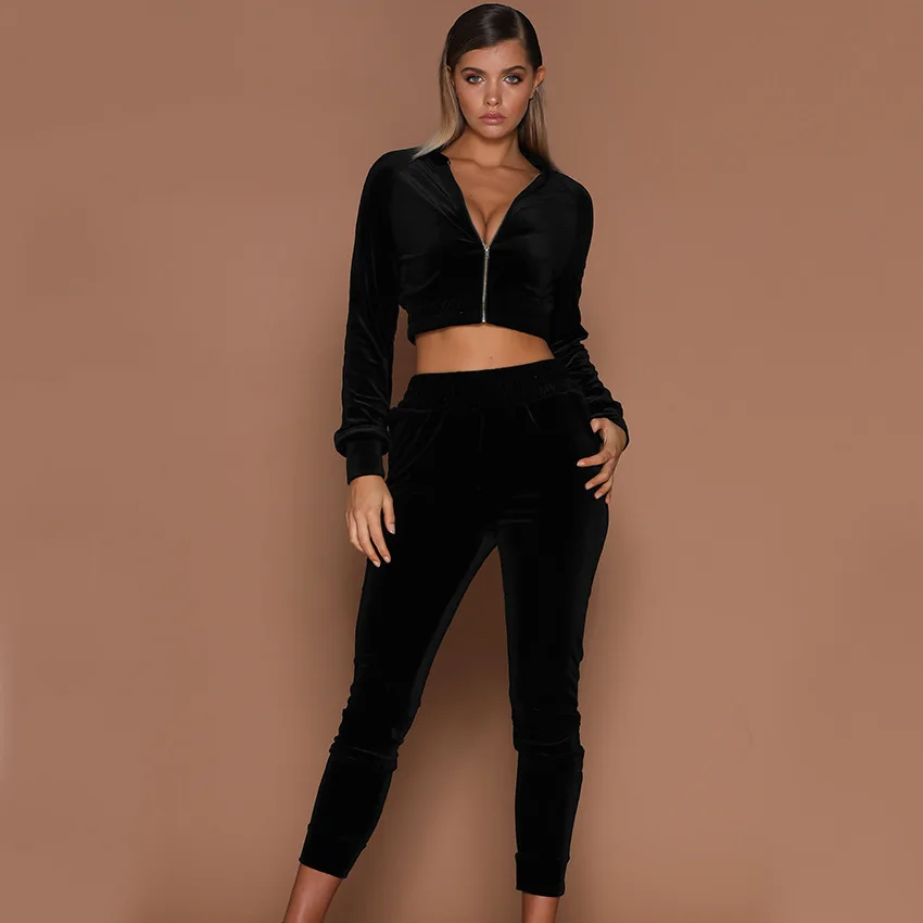 Velvet Tracksuit Two Piece Set Women Zipper Hoodies Crop Top