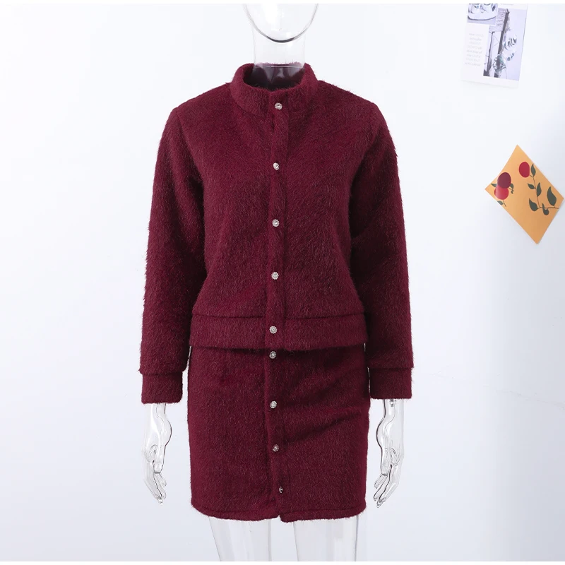 Plüsch frauen Pullover Rock Sets Rundhals Einreiher Weiche Elastische Weibliche Top Hohe Taille Wrap Hüfte Kurze Röcke Für damen – Detail 10