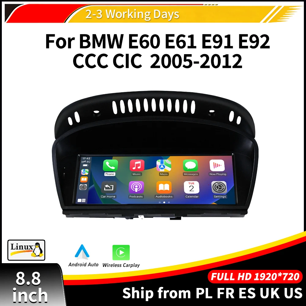 Carplay inalámbrico de 8,8 pulgadas para BMW 3 5 Series E60 E61 E90 E91 E92 E93 CCC CIC 2005-2012, pantalla táctil Bluetooth, compatible con cámara trasera, MirrorLink, LINUX, Radio Multimedia para coche 1