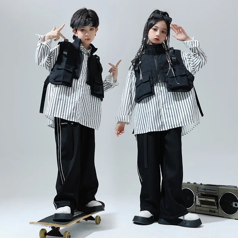 

Комплект детской одежды в стиле хип-хоп, черный жилет + полосатая рубашка + брюки, Детский костюм для уличного танца для мальчиков и девочек, костюм для джазовых представлений