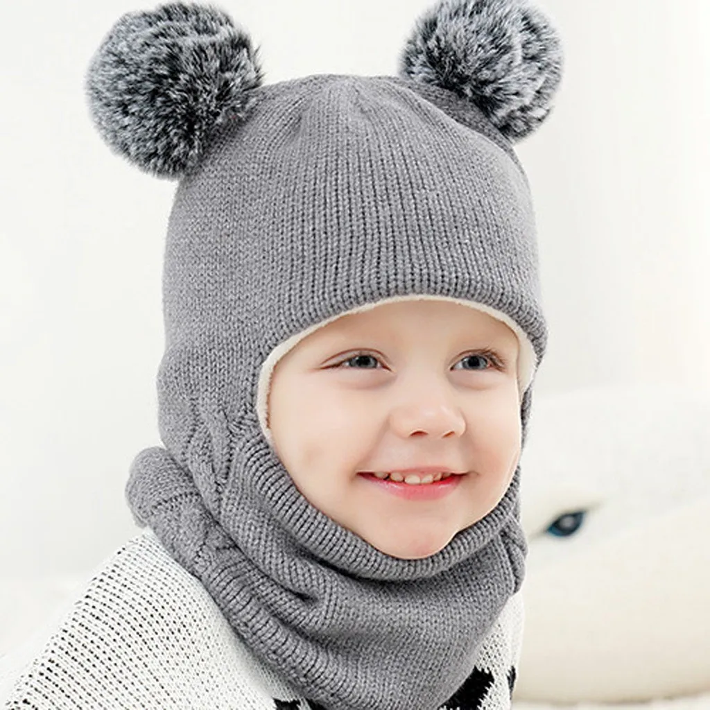 Kid Solid Pompom Beanie Baby Boy Girl Hooded Scarf Caps Hat Winter Warm Knit Flap Cap Scarf Newborn Winter Windproof Warm Hats