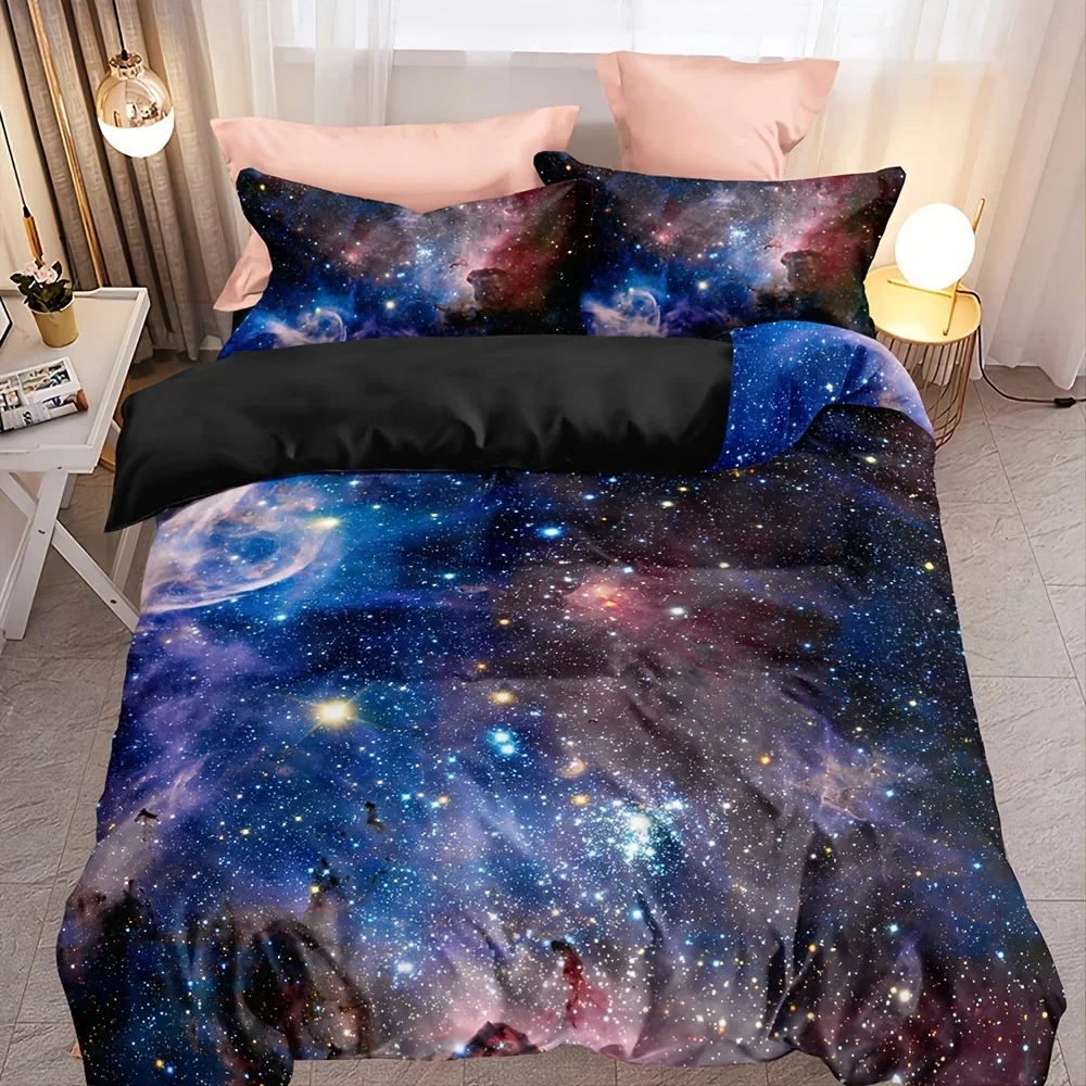 3-Piece Galaxy Bedding Set Soft Comfortable Red Starry Sky Duvet Cover & Pillowcase No Pillow Core Included
