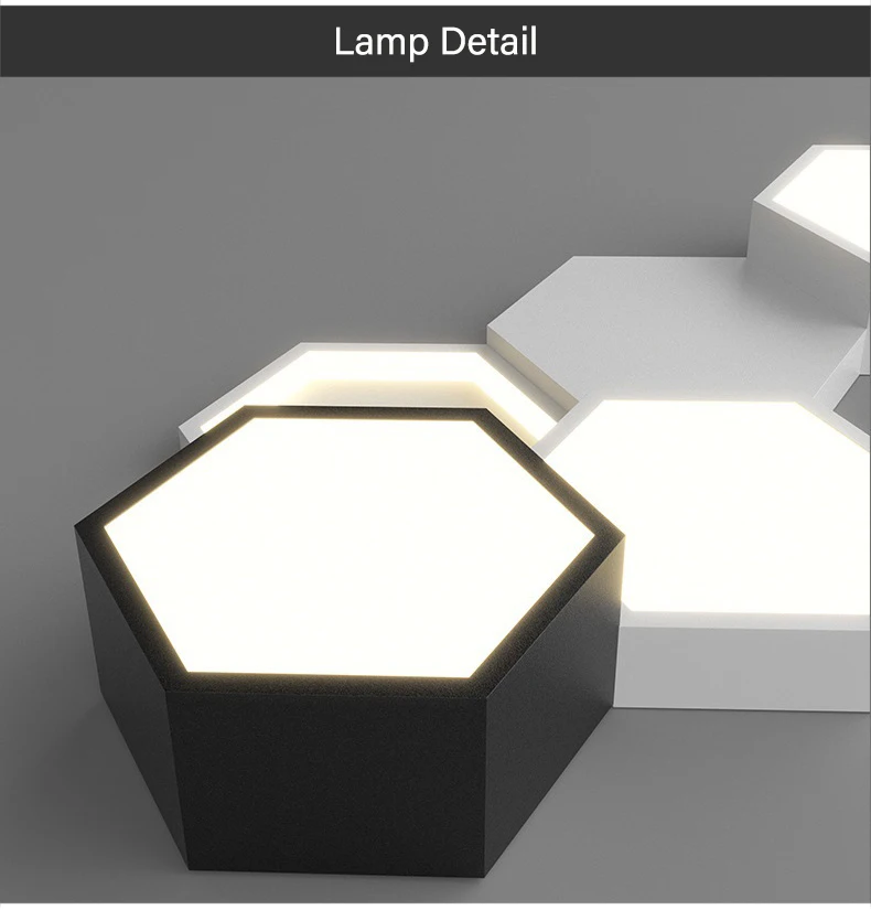Two modern Hexagonal Ceiling Lights emitting a warm glow, one closer to the ceiling and the other slightly lower, set against a plain background.