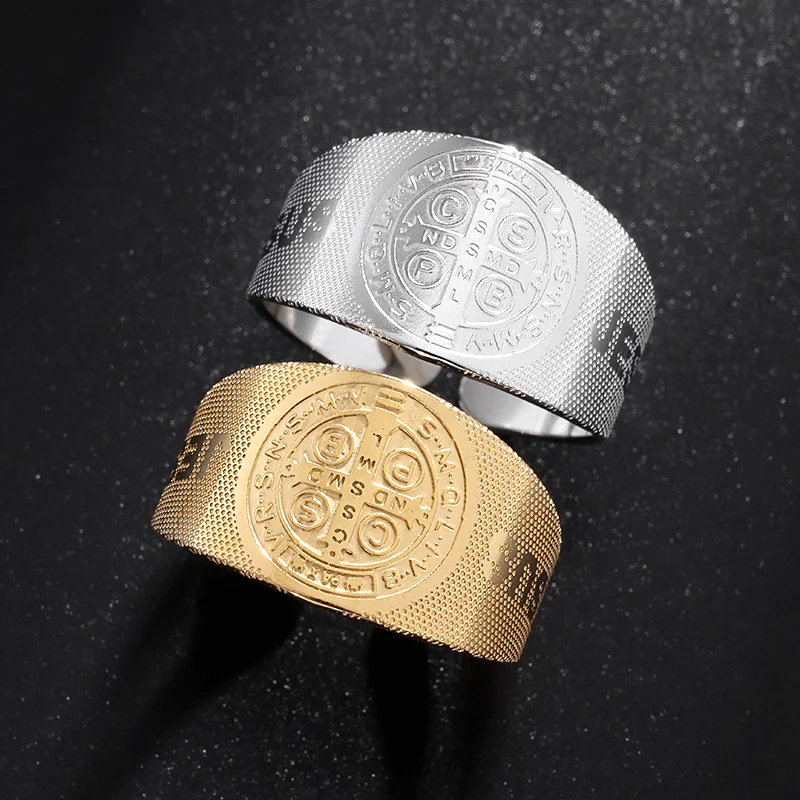 Stainless Steel Saint Benedict Cross Ring Men's Catholic Open Ring Women's Fashion Christian Faith Jewelry Gift stainless steel ring