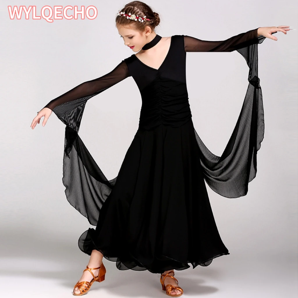 Chiffon Long Sleeves Standard Competition Ballroom Dance Dress Girl Kids One Piece Child Modern Waltz Latin Dancing Dancewear