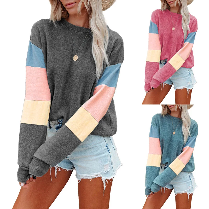 

Women's T-shirt 2023 New Round Neck Long Sleeve Contrast Color Fashion T-shirt Fashion Casual Versatile T-shir