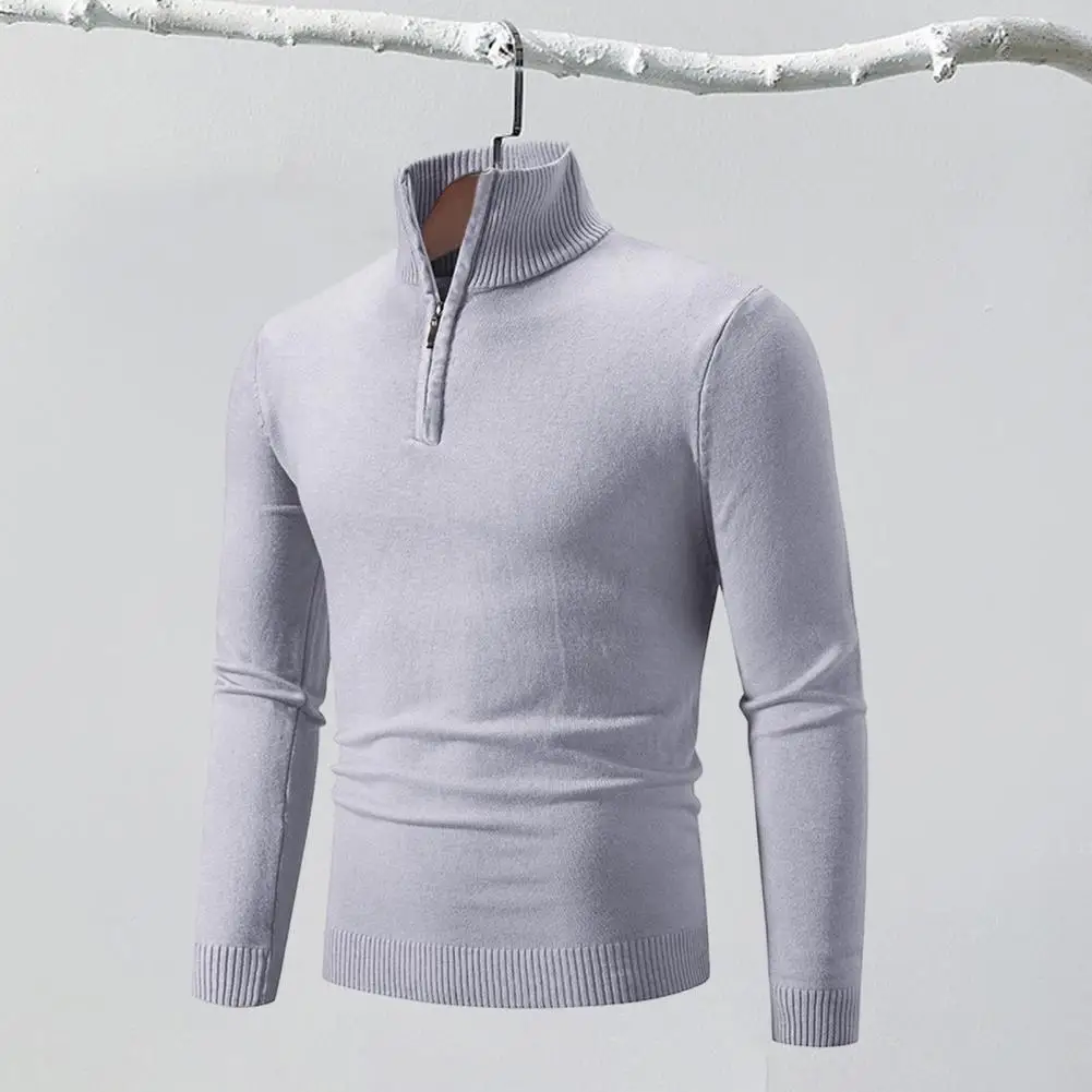 Solid Color Winter Sweater Stylish Men's High Zipper Collar Sweater Slim Fit Warm Elastic Mid Length Casual for Fall/winter