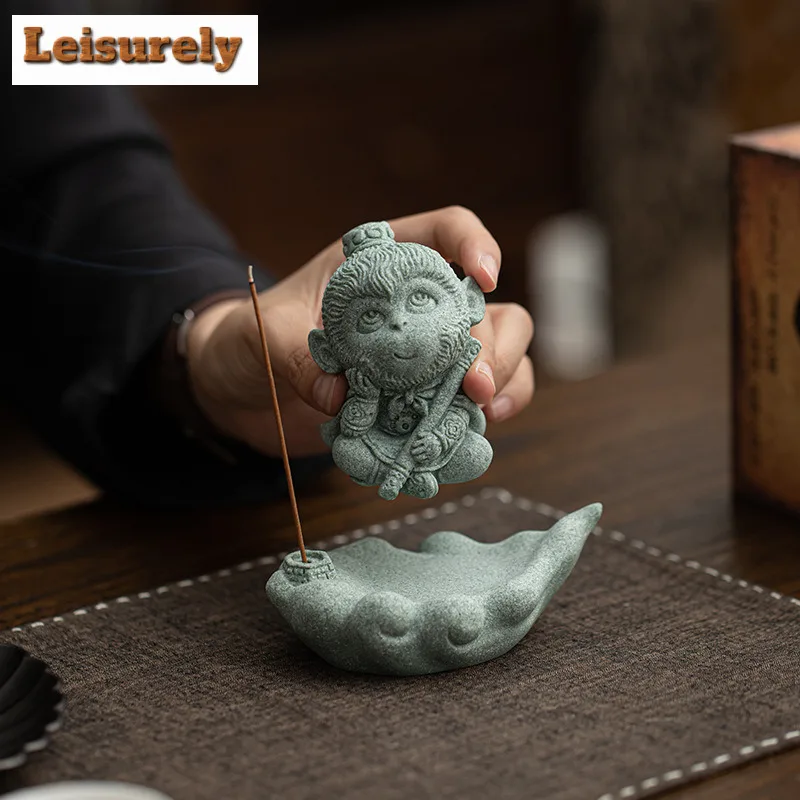 Green Sandstone Zen Wukong Tea Pet Aesthetic Flowerpot Landscaping Tea Figurine Play Toys Tea Statue Ornaments Craftsmanship