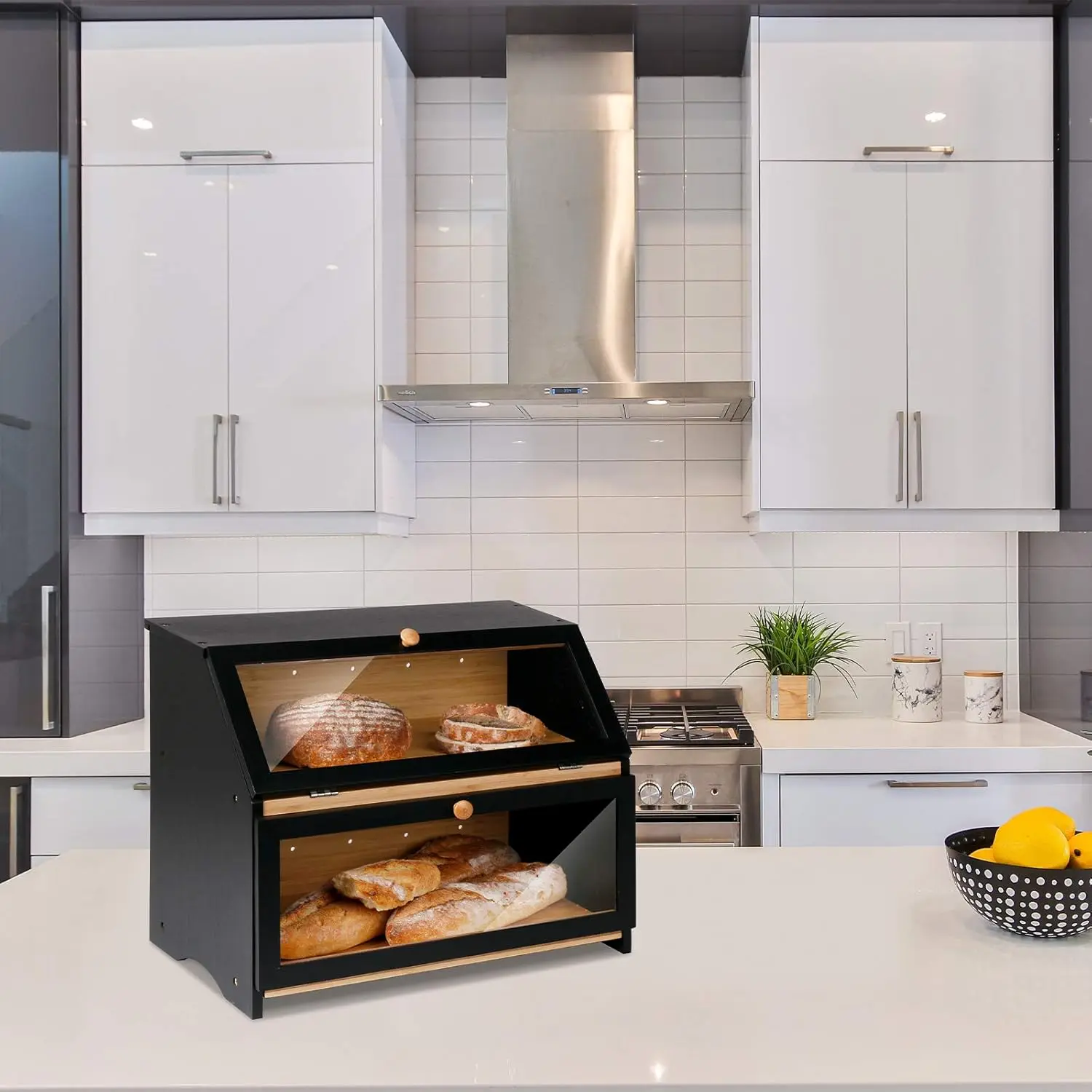 Double Layer Large Bread Box for Kitchen Counter, Wooden Large Capacity Bread Storage Bin  kitchen organizer 6