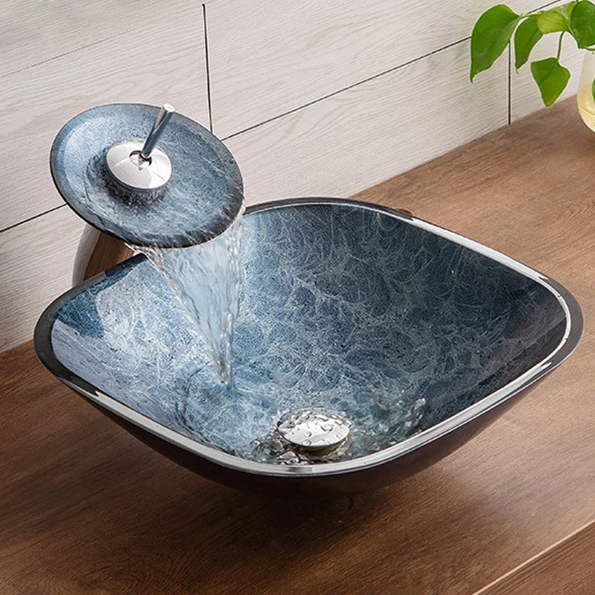 Умывальник из закаленного стекла над столешницей, простой Художественный раковина для ванной комнаты, L420 * W420 * H135mm * t12 mm, со сливной трубой и опорой для раковины