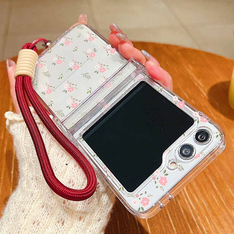 Wrist Strap Floral Pattern Phone Case with Lanyard - Clear Cover
