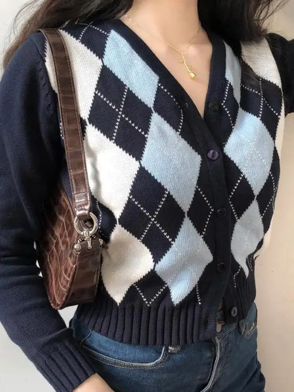 American Retro V-Ne Diamond id Long Sve ort Knitted Cardigan Women's Sweater Coat Early Autumn New Single Button Sle