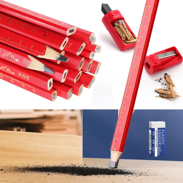 JOMPENS Anti-Slip Wooden Pencil Millimeter Scale Professional Grade Woodworking HB Pencil Black HB Lead Flat Octagon Drawing 1