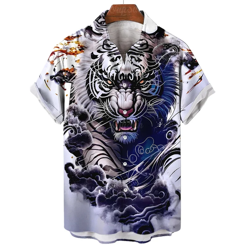 thumbnail image 1 of Camisa hawaiana con estampado de tigre en 3D para hombre, camisa informal de manga corta con estampado de bestia feroz, blusa holgada de calle, 1 of 5