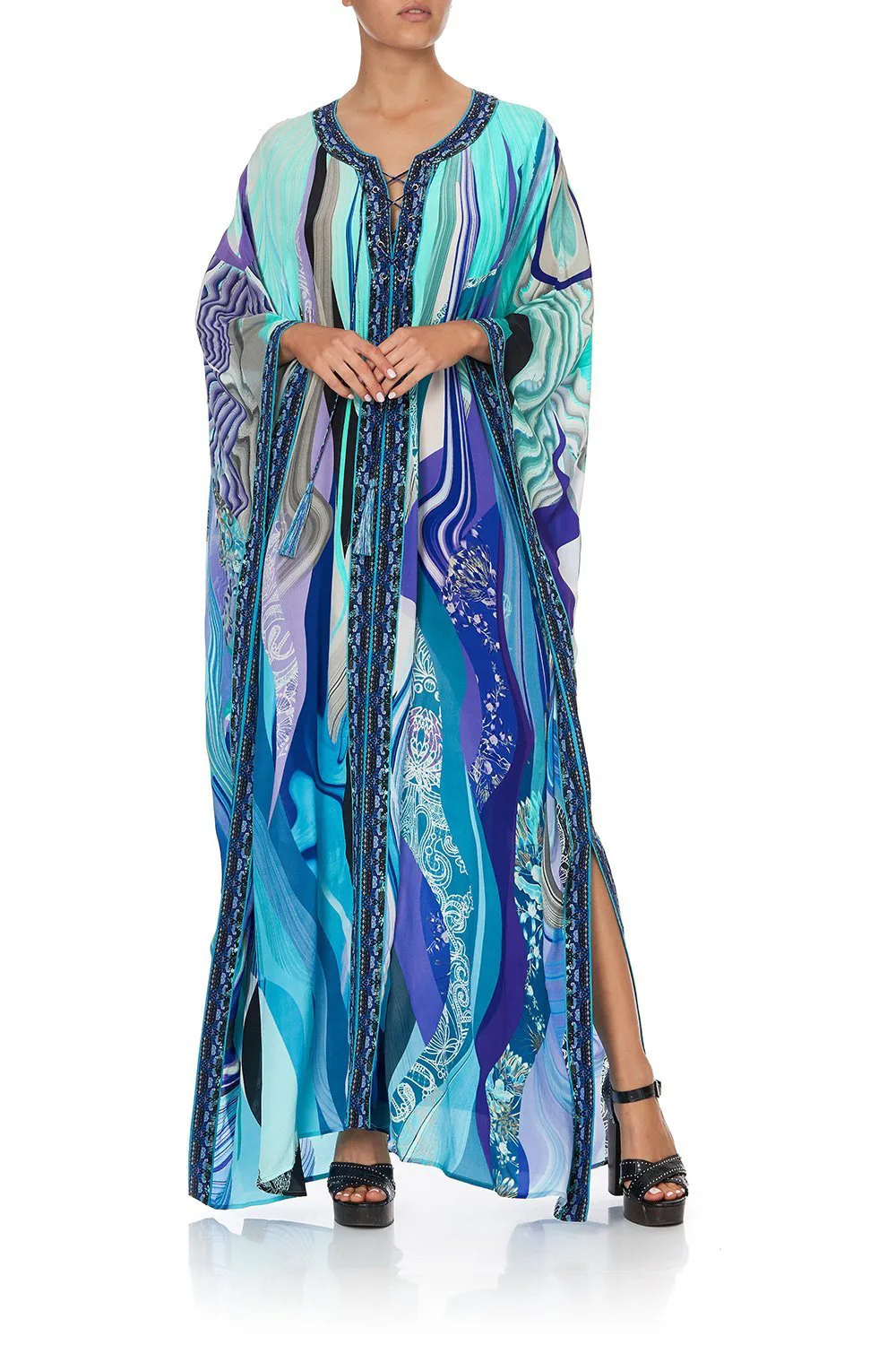 bathing suit wrap cover up Print Split Straight Kaftan Beach Long Dress Women Bohemian Lace Up Overized Robe Blue Loose Pareos Maxi Dresses New long flowy beach dress