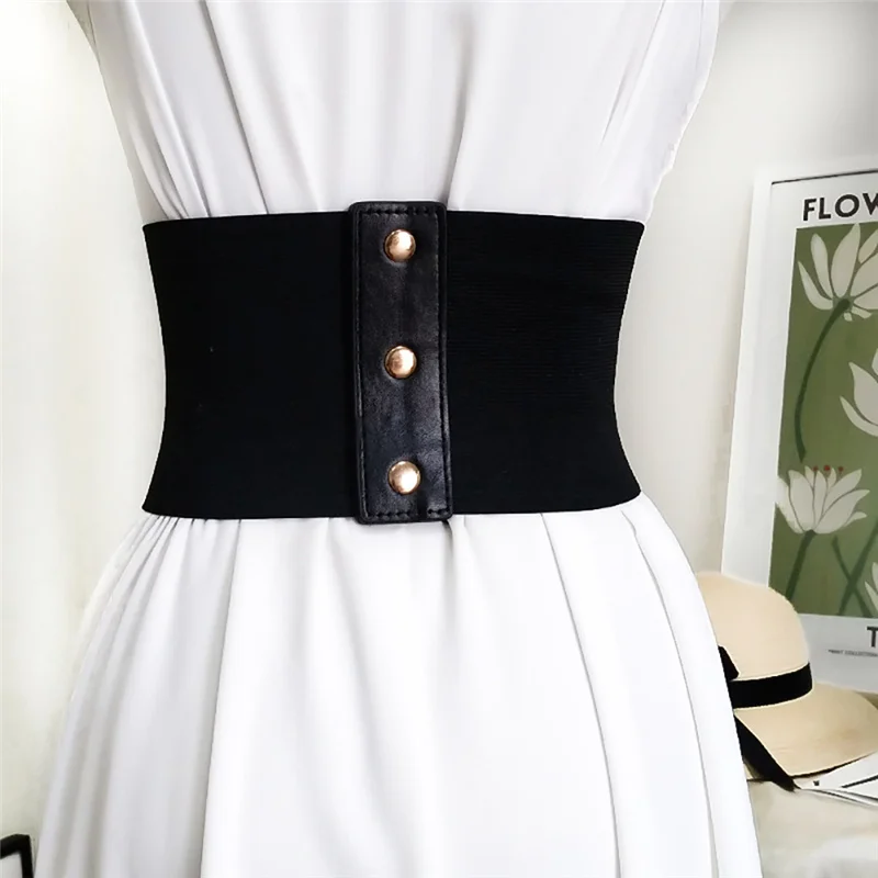 Fashion Women Wide Belt New Metal Buckle Women Elastic Waistband Leather Rivet Ultra Wide Belt Elastic Belts for Woman leather belts for women