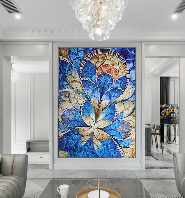 Custom blue flower  art  glass mosaic tile mural design for lifelike wall decorate the product can be customized blue green aromatherapy mosaic glass candlestick for relaxation meditation fragrance